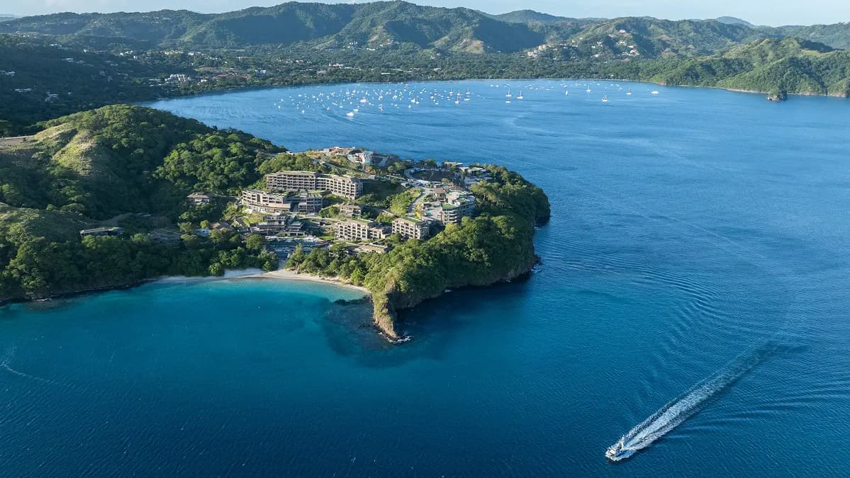arial view of the waldorf astoria punta cacique and the surrounding landscape of the gulf of papagayo