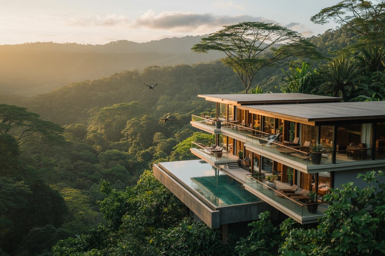 rendering of a three story villa surrounded by lush rainforest