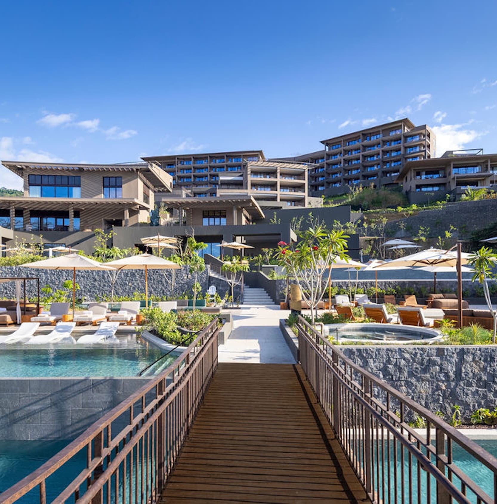 Architectural rendering of a modern pool house with layered terraces and surrounding tropical vegetation at the Waldorf Astoria Punta Cacique Costa Rica